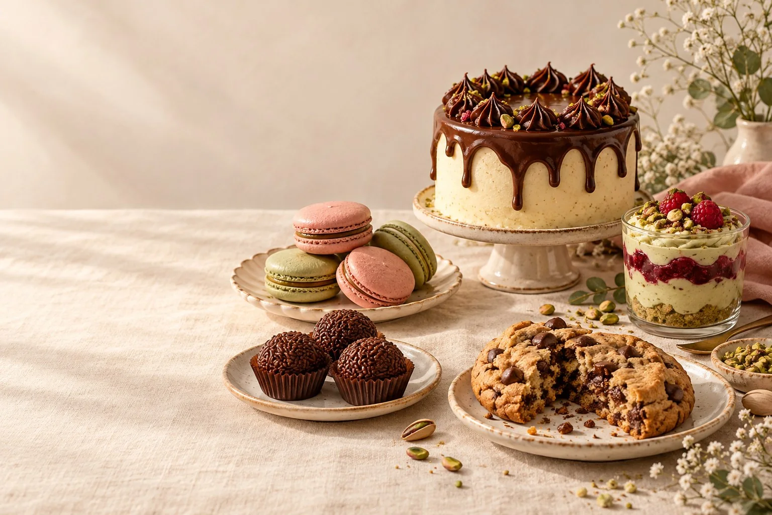 Composição ilustrativa de bolo, macarons, brigadeiros, sobremesa e cookie